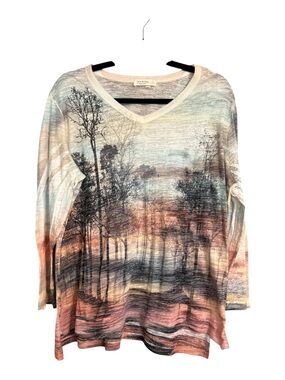 Jess & Jane Scenic Forest Print Burnout Knit Top Size Large Made in USA